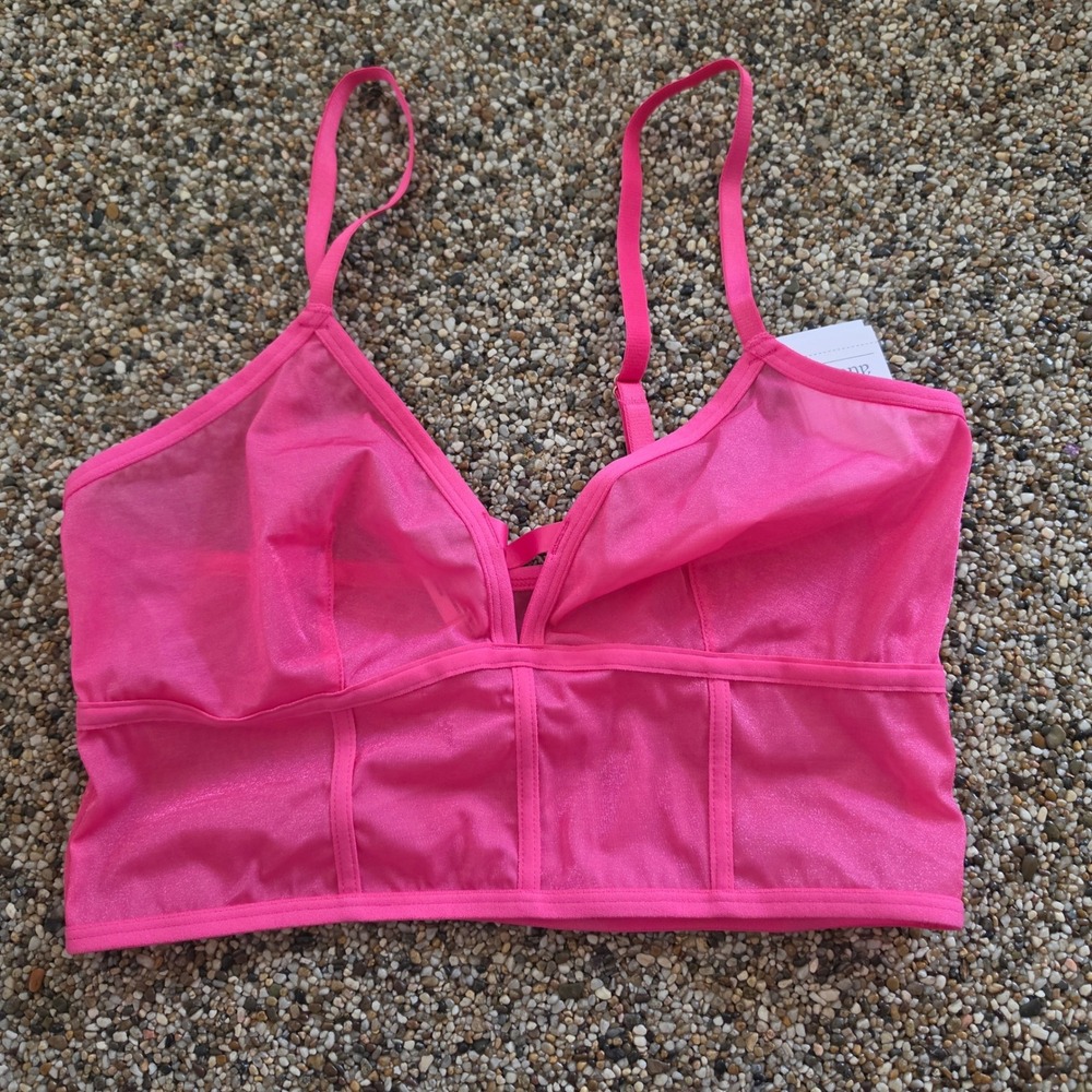 Auden Unlined Long Line Bralette Hot Pink Mesh Triangle Bra Medium NEW